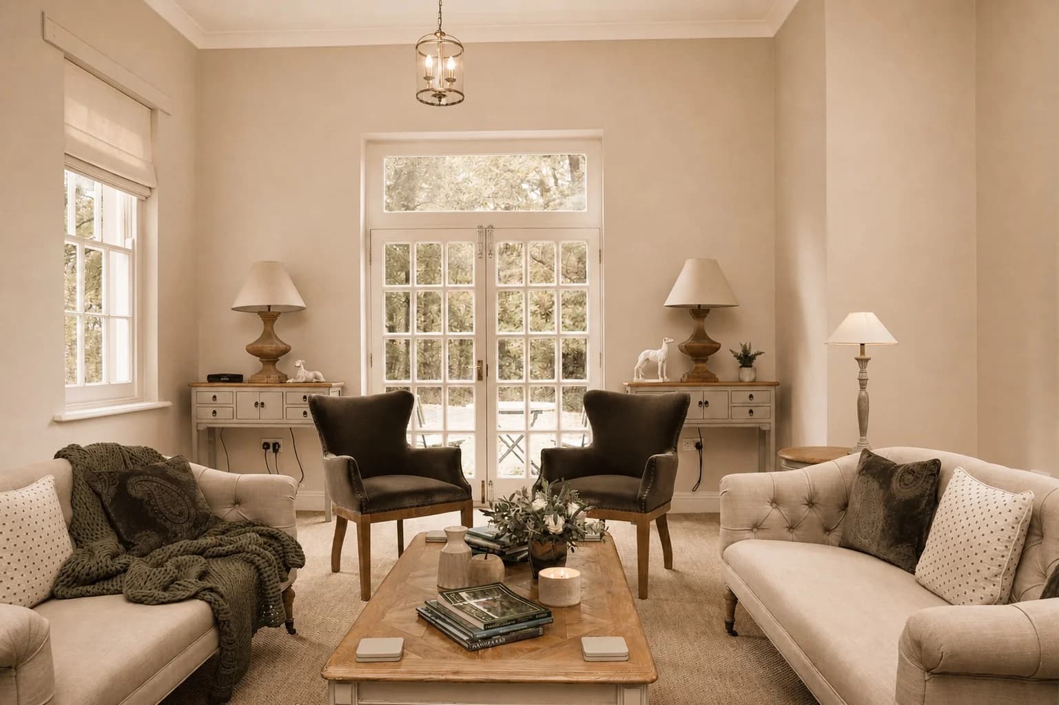 Lounge area with sofas and garden doors inside Wynyard Hall accommodation