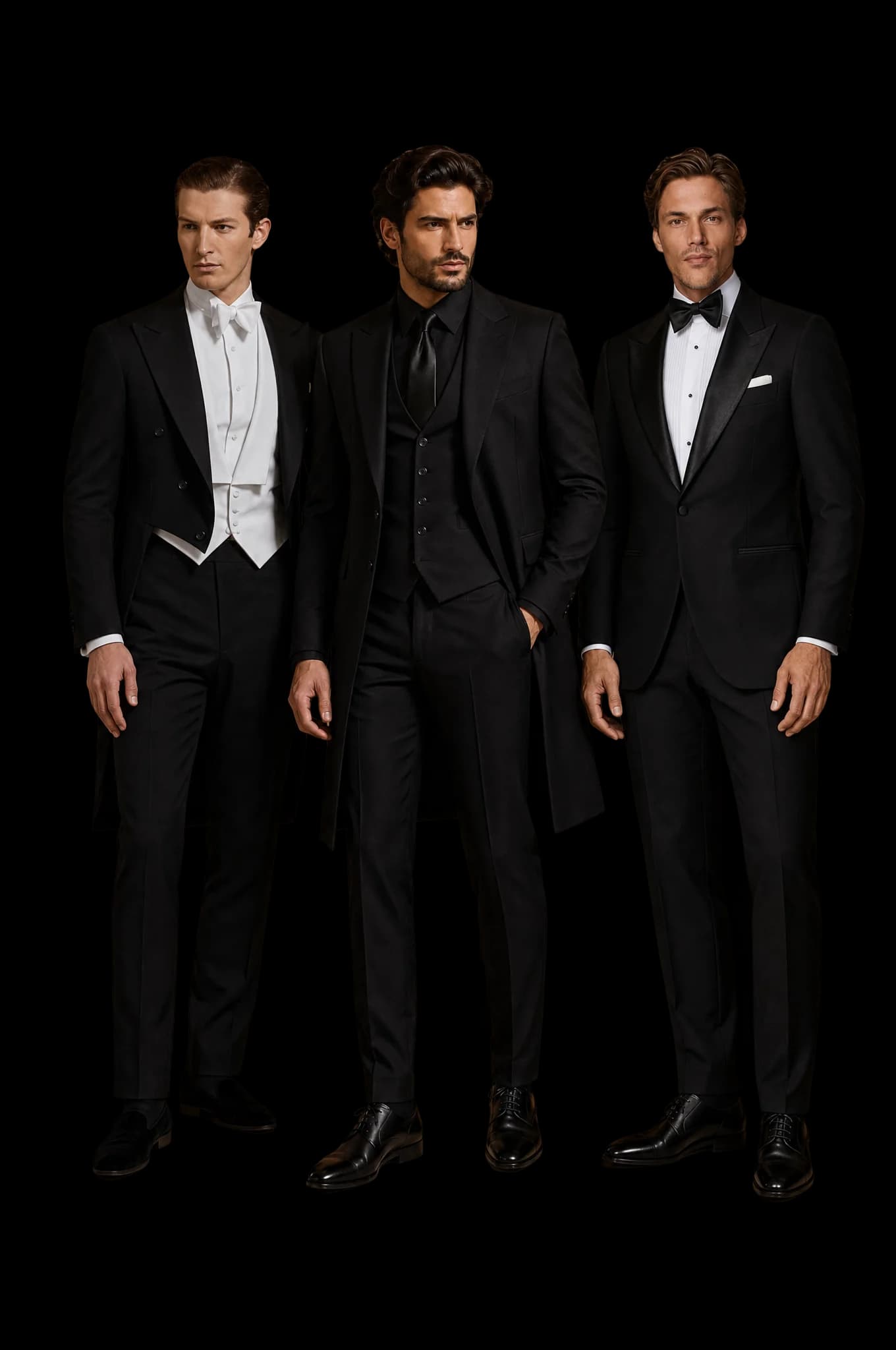 White tie formal evening dress, black tailcoat with white waistcoat and bow tie